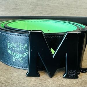 MCM reversible Black Leather Belt with Neon Green Interior and 'M' Buckle